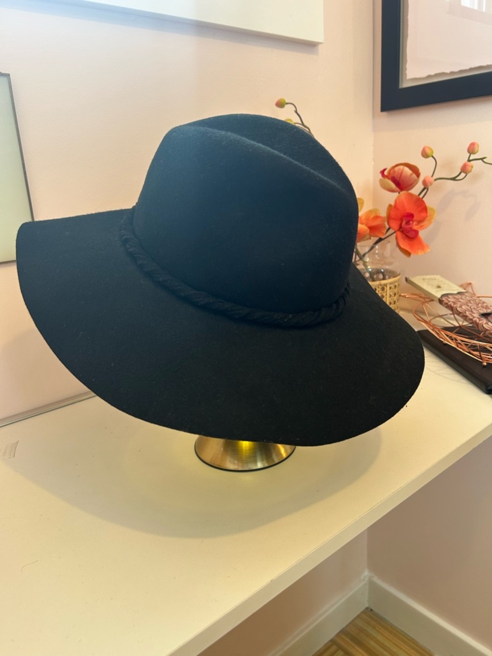 Black Wide-Brim Wool-Blend Fedora with Braided Band